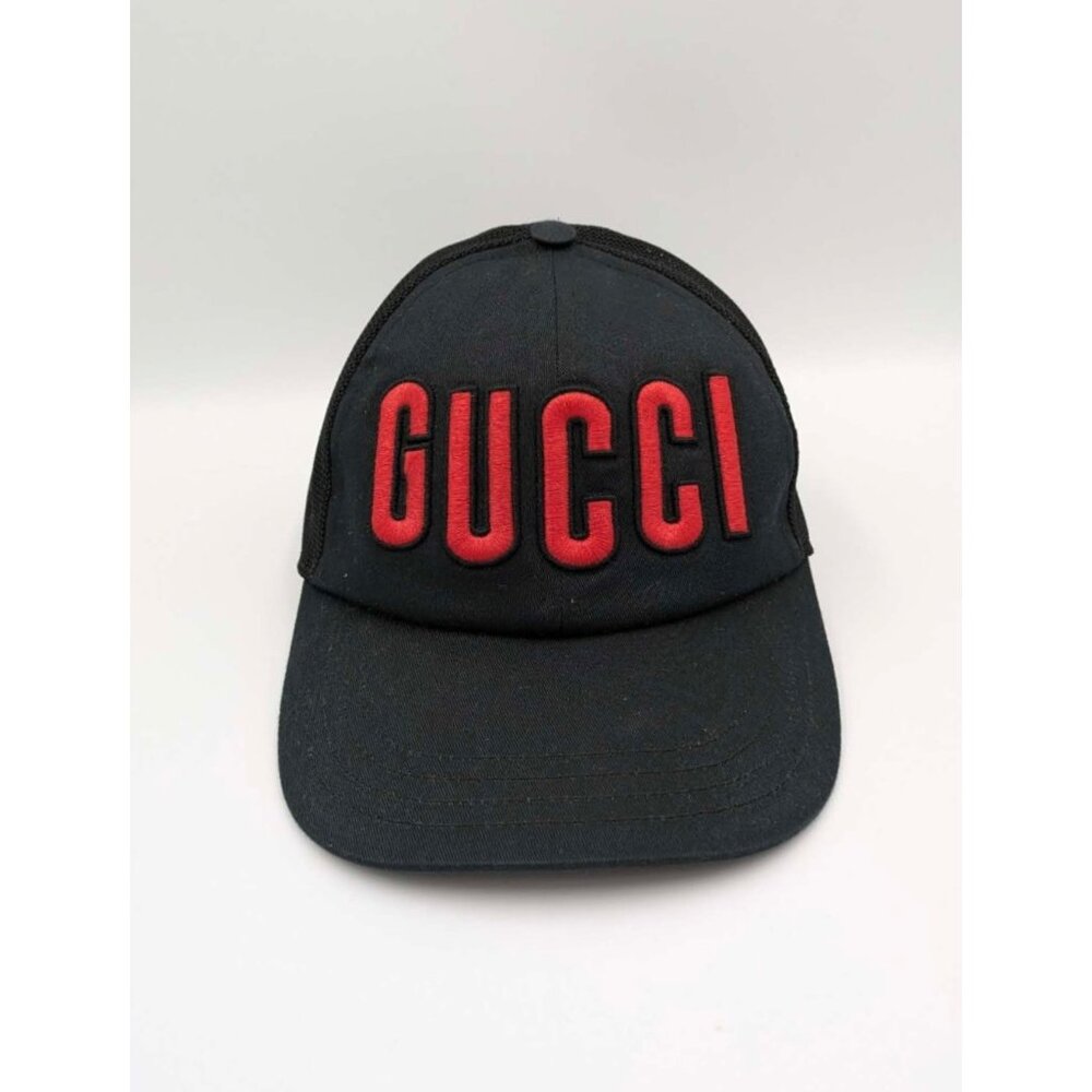 Gucci Embroidered Trucker Mesh Red Logo Cotton Hat Black 701324 - Picture 2 of 11